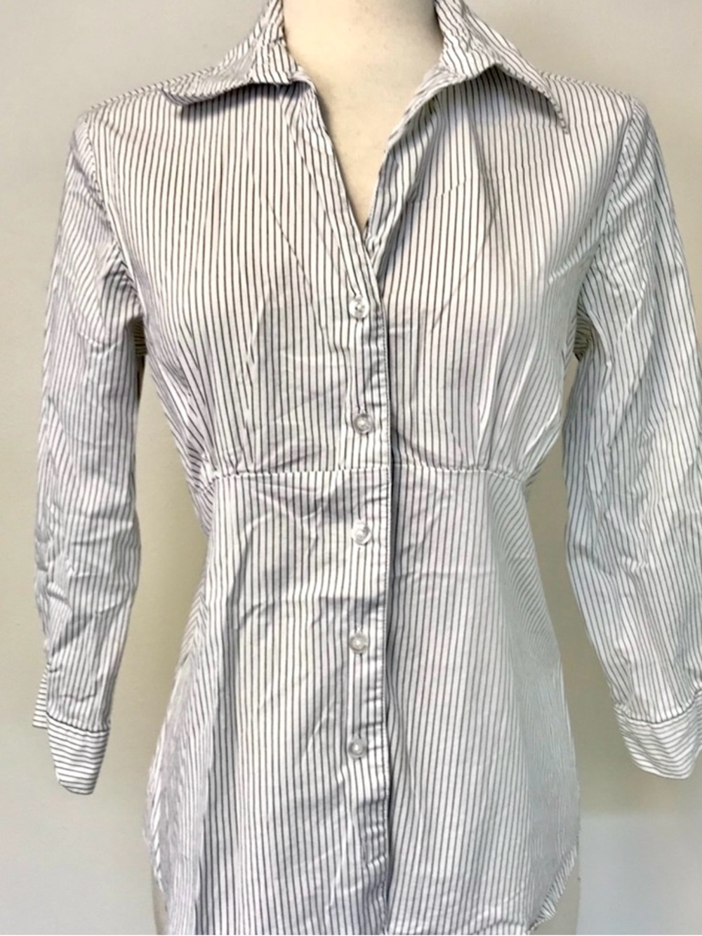 duo Maternity White Shirt with Black Pinstripes and Waist Seaming